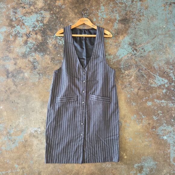 Vintage 90s Jumper Midi Dress Size 10 M Gray Pin Stripe Menswear Corpcore - Picture 1 of 6